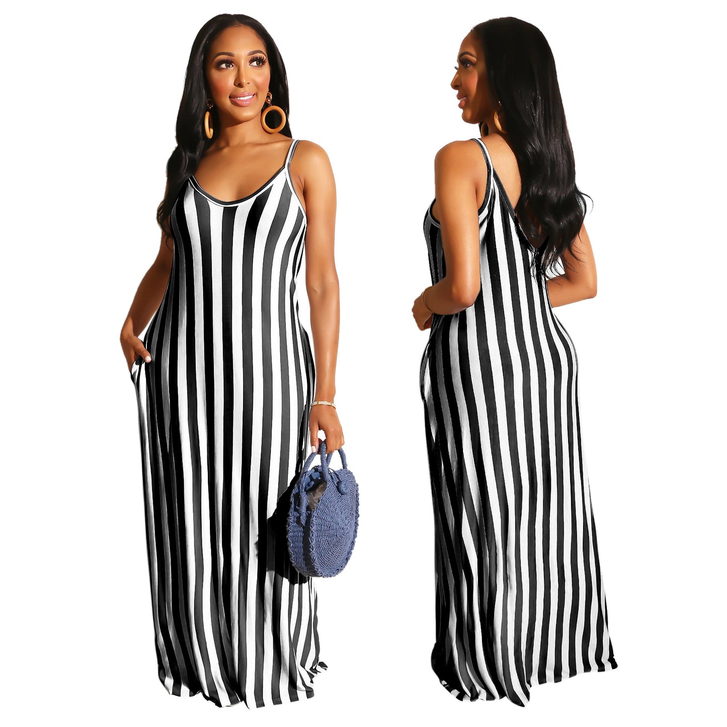 Strap v Neck Plus Size Women Maxi Dress Stripe Side Pocket Womens Dress