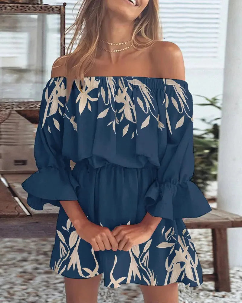 Sexy Off Shoulder Floral Print Flare Sleeve Tunic Dress