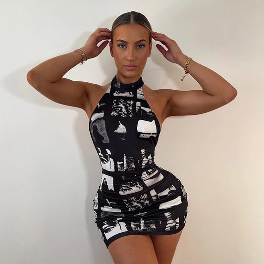 Vintage Print Mini Sleeveless Casual Dresses