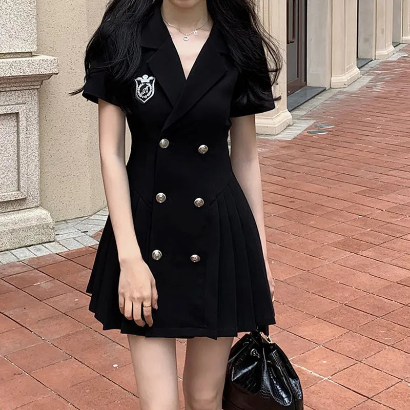 Ladies Summer Casual Short Sleeve Double Breasted Mini Black Dress