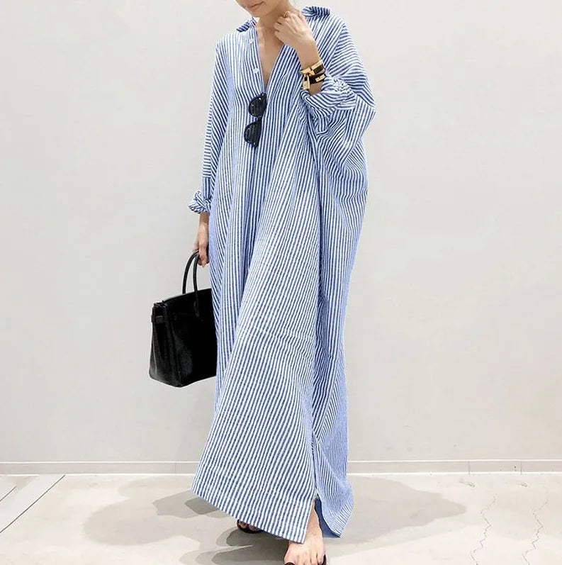 Cotton Linen Dress  Loose Striped Summer Shirt Dress Plus Size