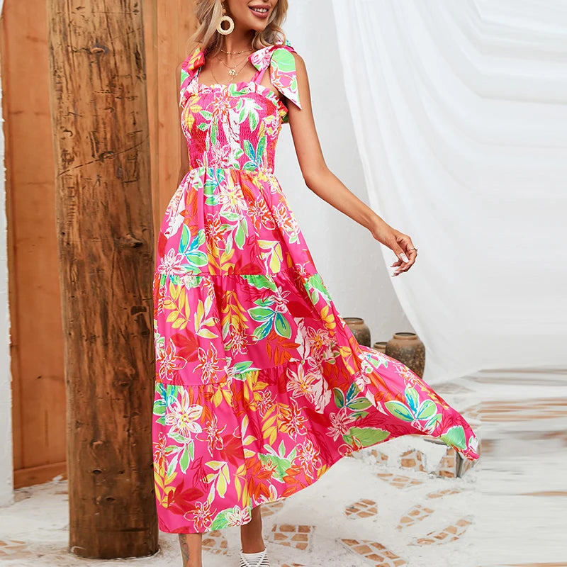 Summer Leaves Print Elastic Chest Dress Woman Elegant Sleeveless Strap Dress