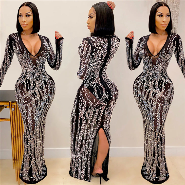 Long Sleeve v Neck Rhinestone Party Dress Black Maxi Women Evening Dress