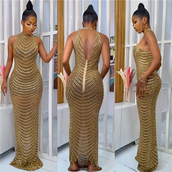 Long Sleeve v Neck Rhinestone Party Dress Black Maxi Women Evening Dress
