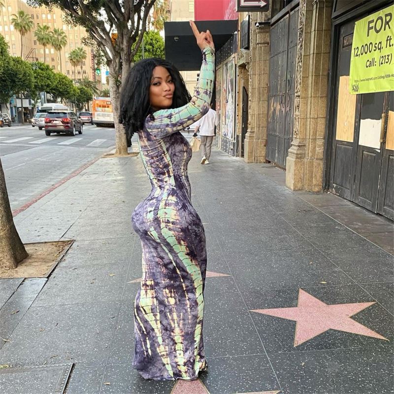 Streetwear Summer Sexy Tie Dye Long Casual Dresses U Neck Long Sleeve Maxi Dress