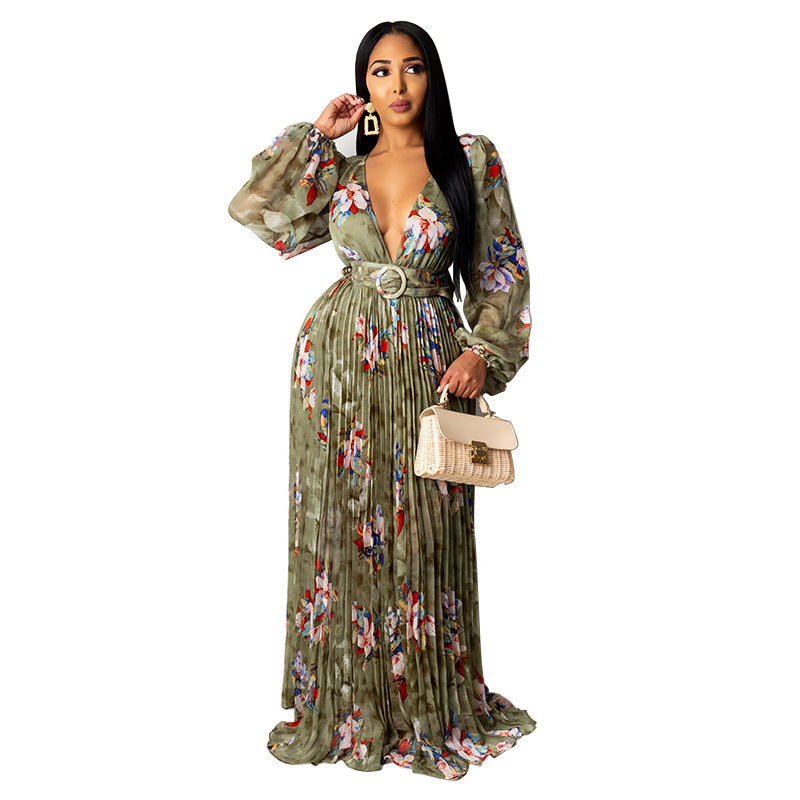 Long Sleeve Maxi Women Casual Deep v Neck Floral Print Maxi Summer Dresses