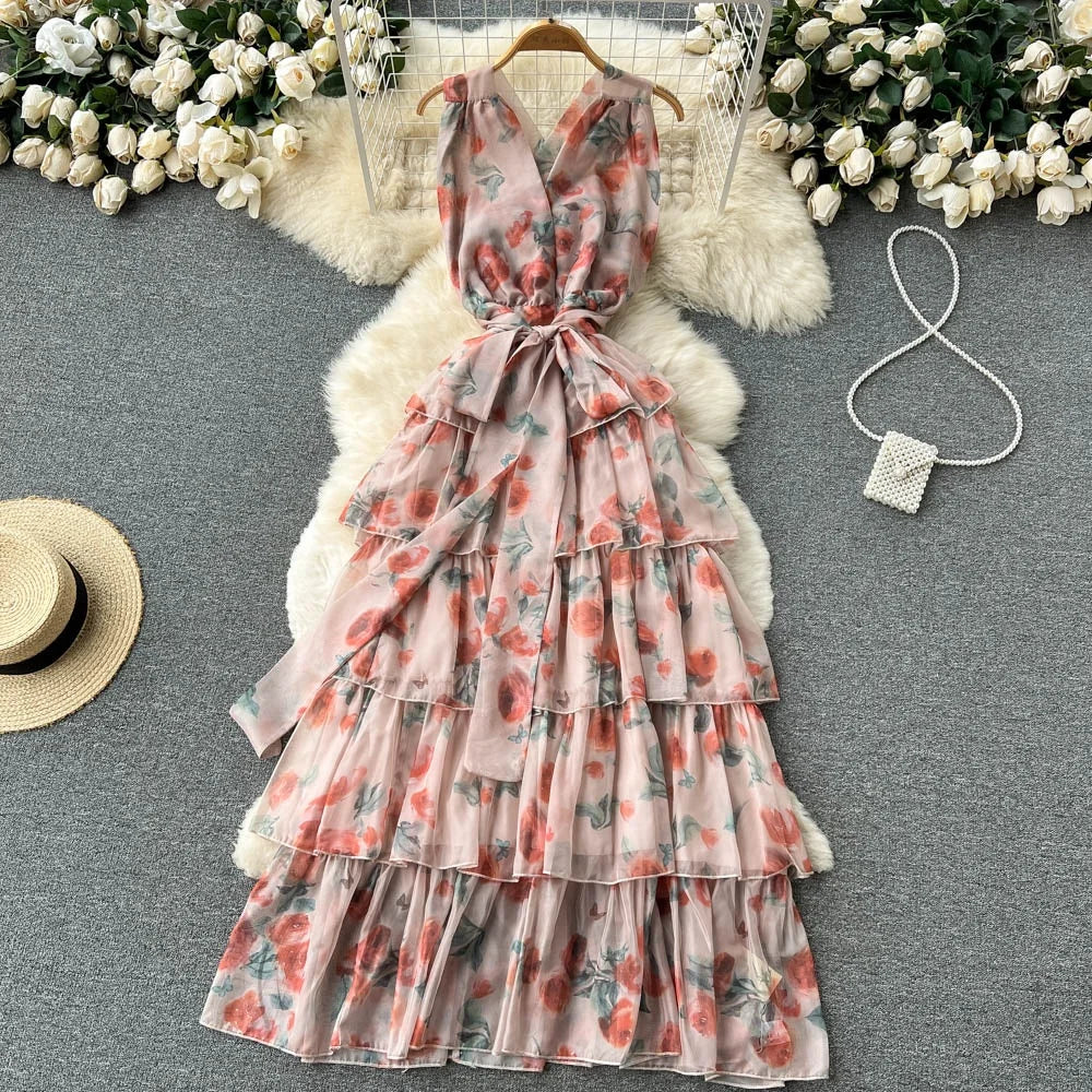 Seaside Vacation Dress Women Summer New Sexy Backless Slim Long Ruffle Dresses