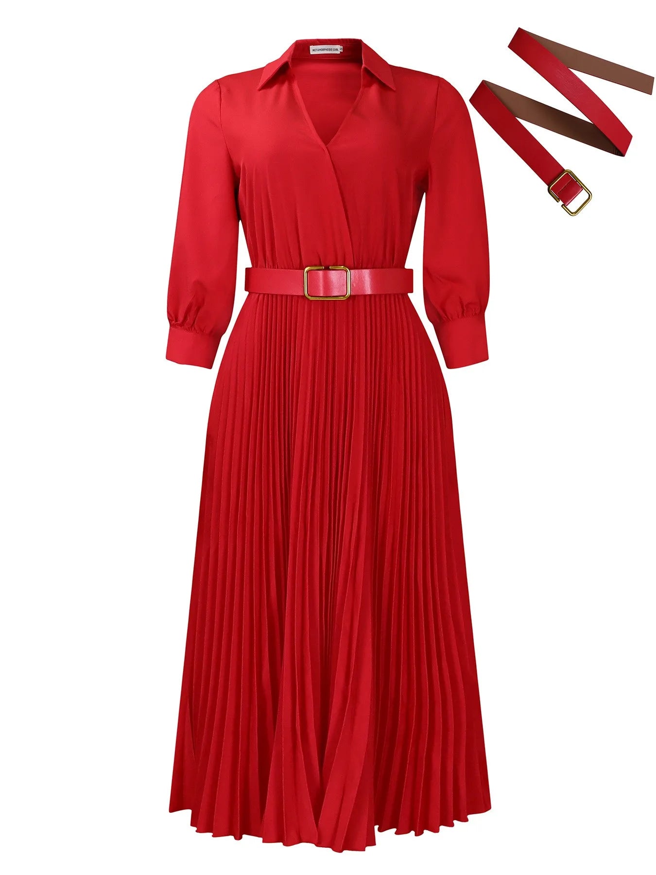 Women Elegant Long Sleeve V-Neck Pleated Office Dress Casual Dresses With Belt