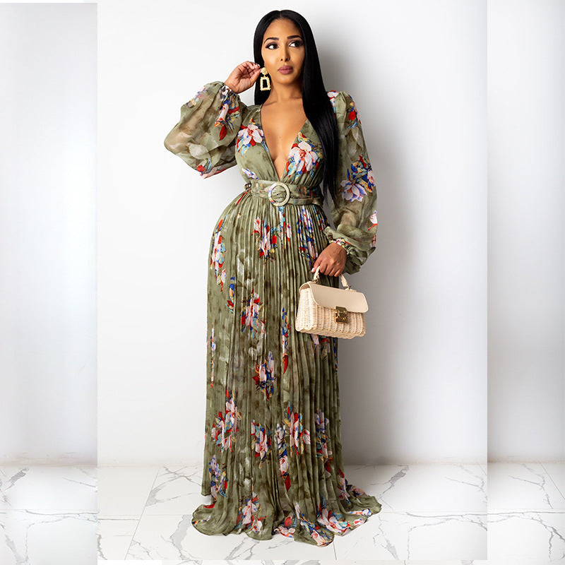 Long Sleeve Maxi Women Casual Deep v Neck Floral Print Maxi Summer Dresses