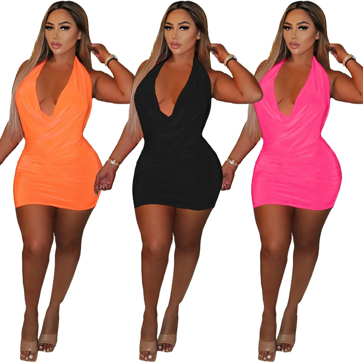 Women Open Back Pleated Halter Open Dress Fashion Summer African Dress