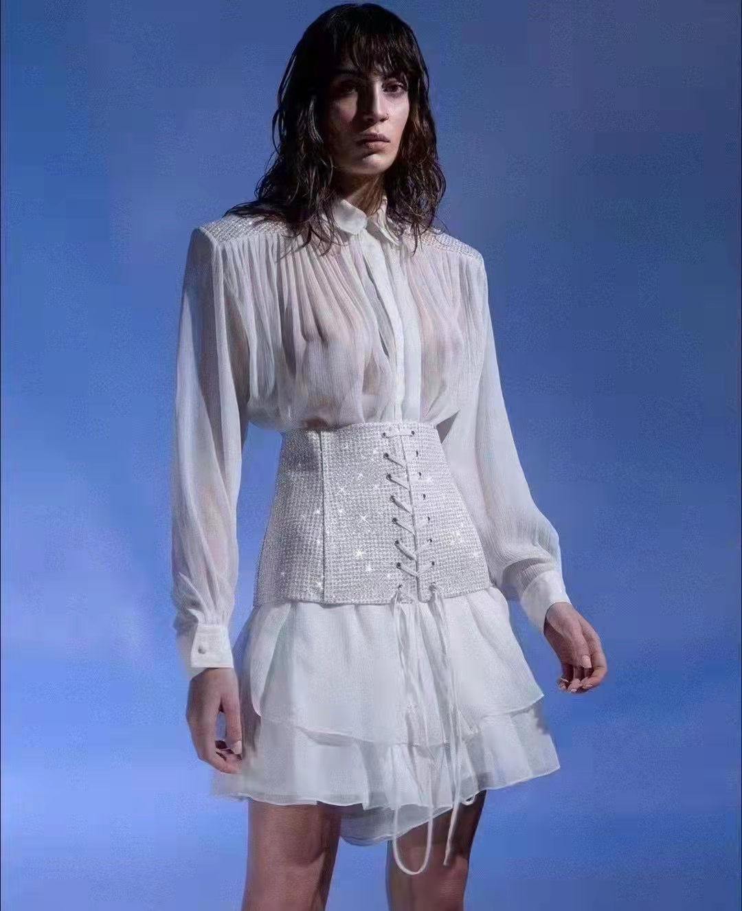 Two Piece Set Summer Mini Dresses Women White Long Puffy Sleeves Dress