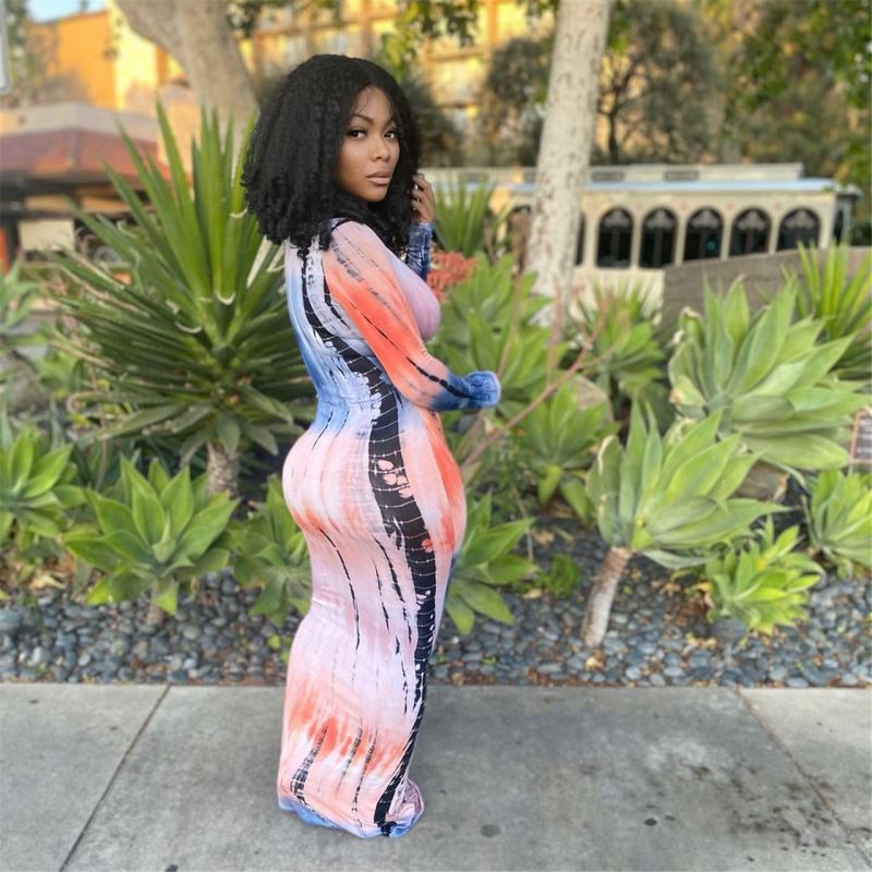 Streetwear Summer Sexy Tie Dye Long Casual Dresses U Neck Long Sleeve Maxi Dress