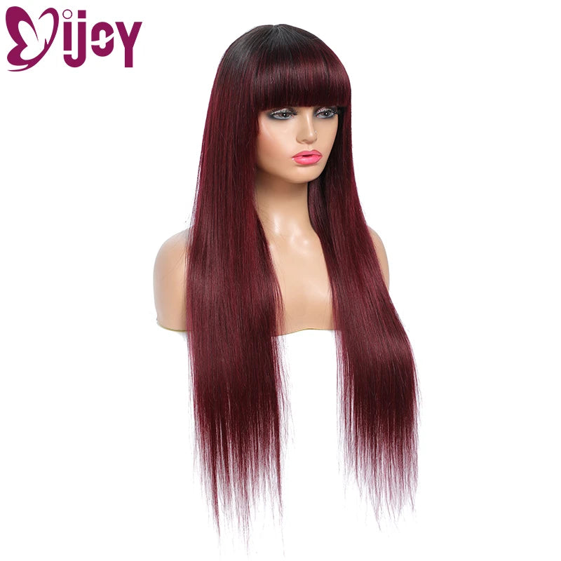 Straight Human Hair Wigs With Bangs/Burgundy Brazilian Remy