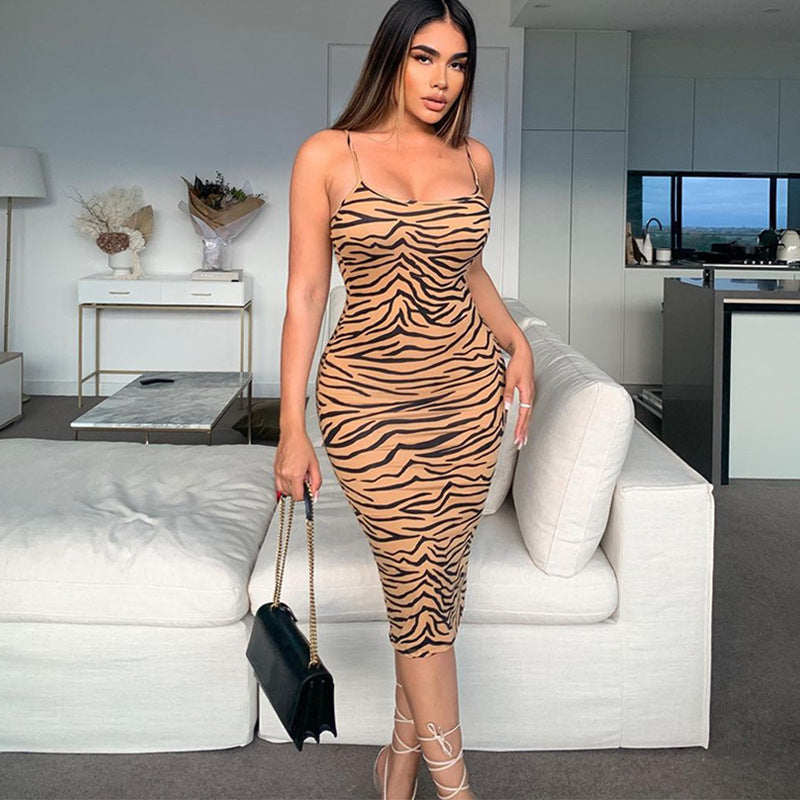 Spaghetti Strap Leopard Bodycon Dress Casual Midi Slit Dress