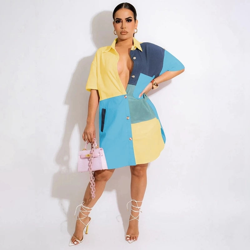 Patchwork Contrast Color Pocket Shirt Women Plus Size Collared Button Up Shirt