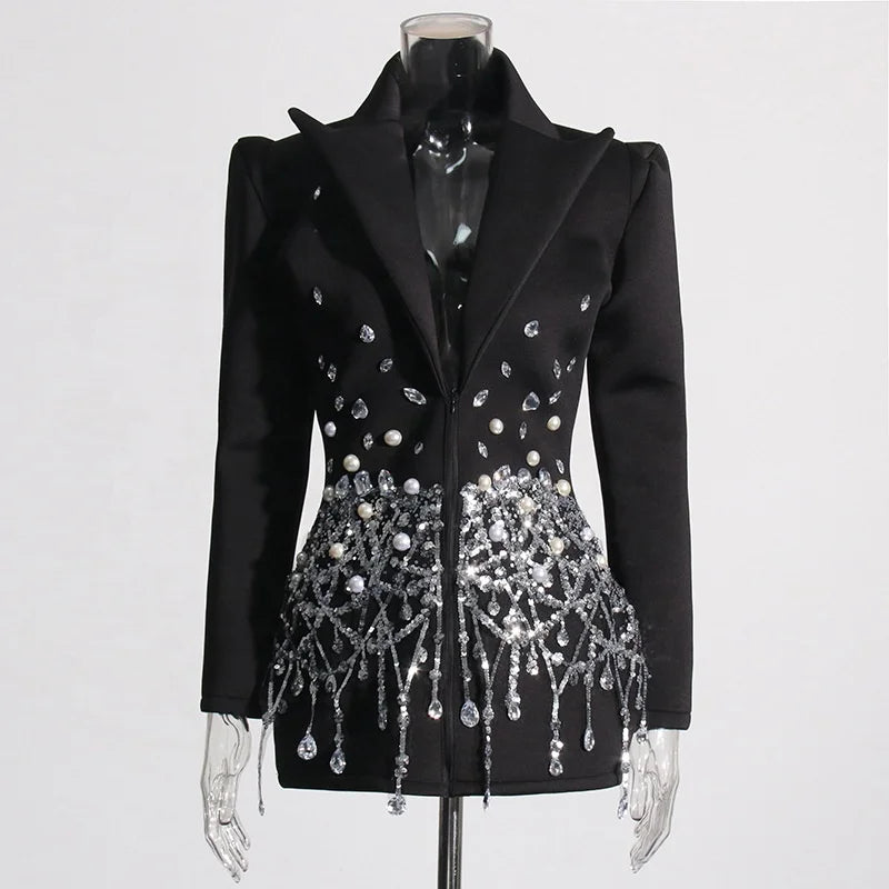 Ladies Elegant Jacket Blazer Dress Diamond Long Sleeve Short Womens Blazer Dress