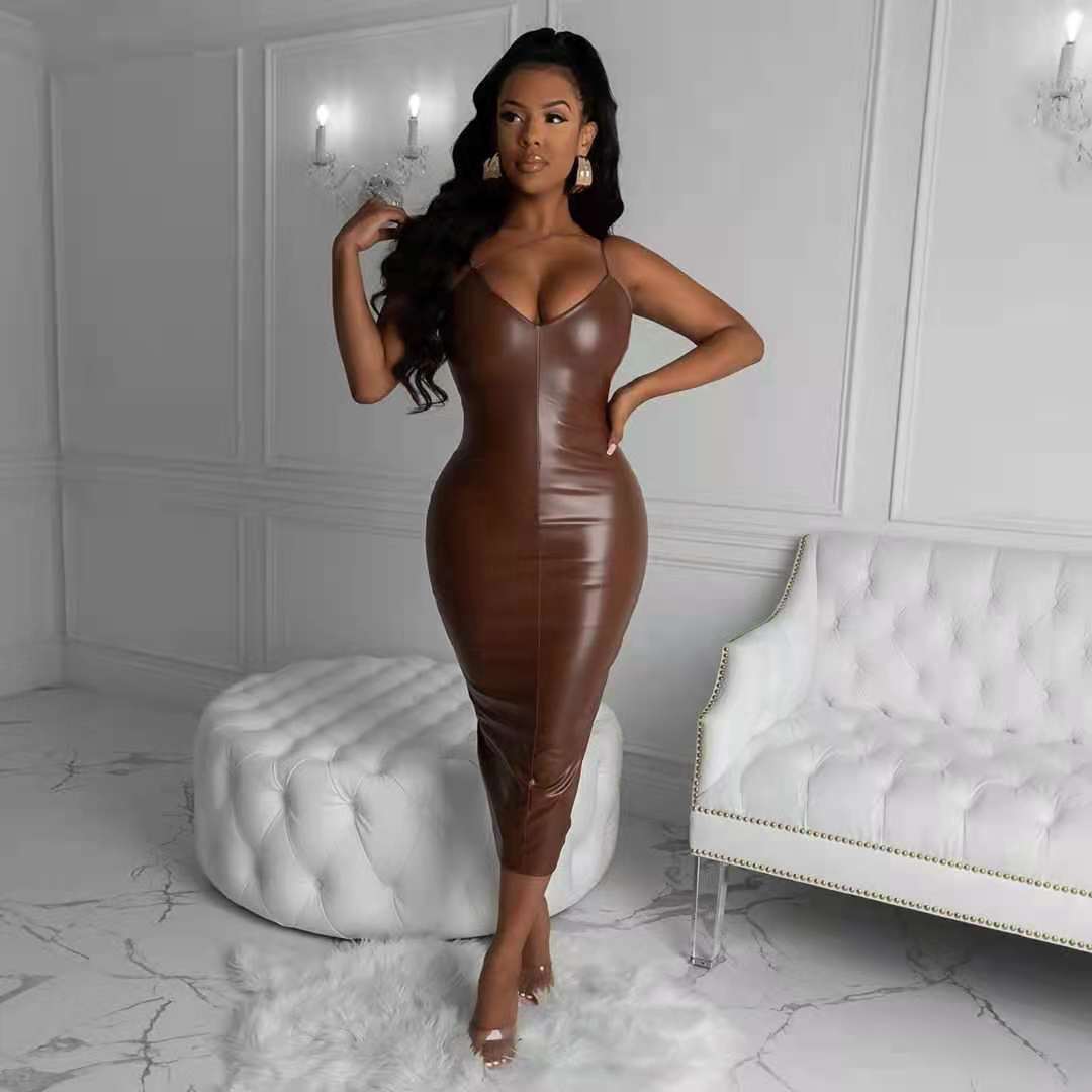 Fall Clothing Brown Midi Leather Dresses Women Tight Club Sexy Pencil Dress