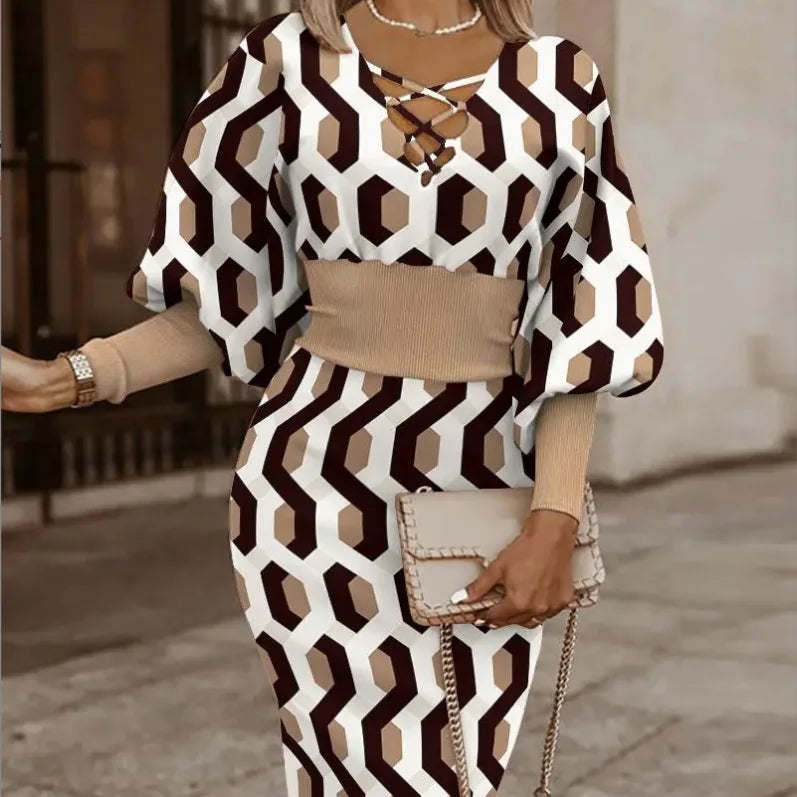 Sexy V-Neck Long Sleeve Pencil Dress Elegant Temperament Slim Dress