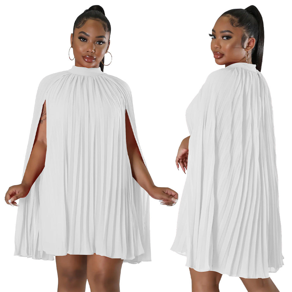 Solid Color Bat Sleeve Elegant Pleated Party Dress