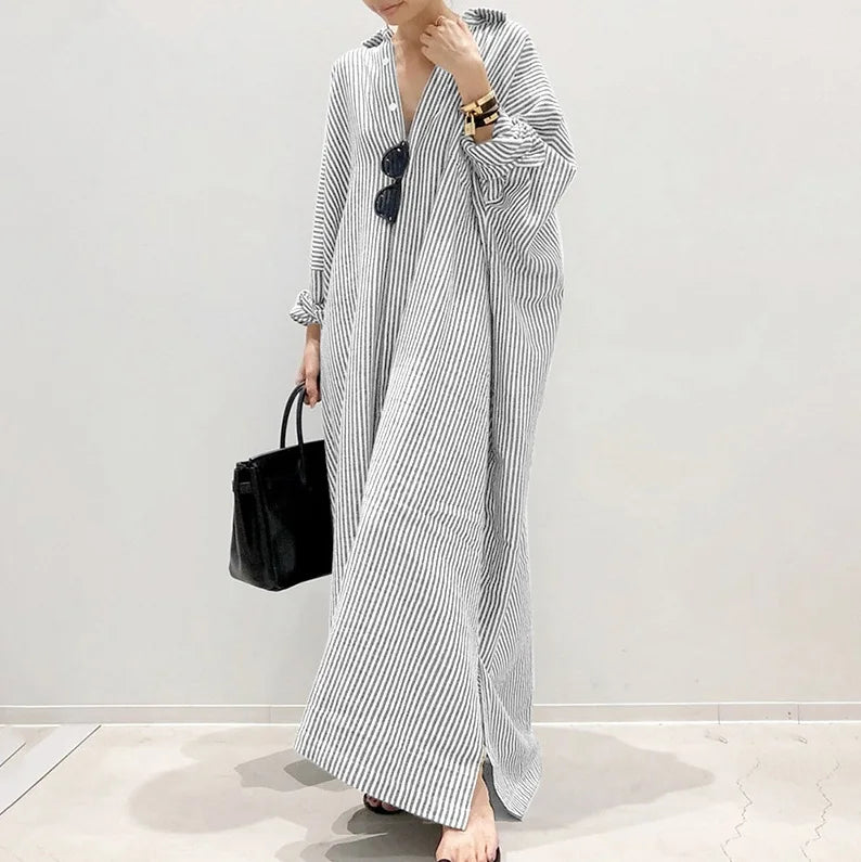 Cotton Linen Dress  Loose Striped Summer Shirt Dress Plus Size