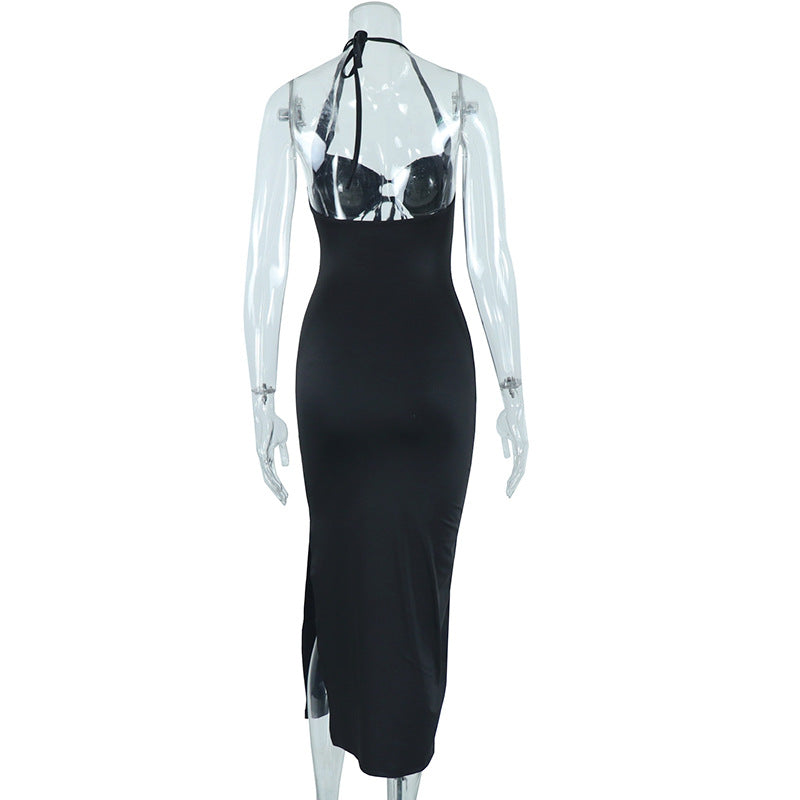 Backless Sexy Dress Solid Black Strap Trendy Women Dress Slit Halter Dress