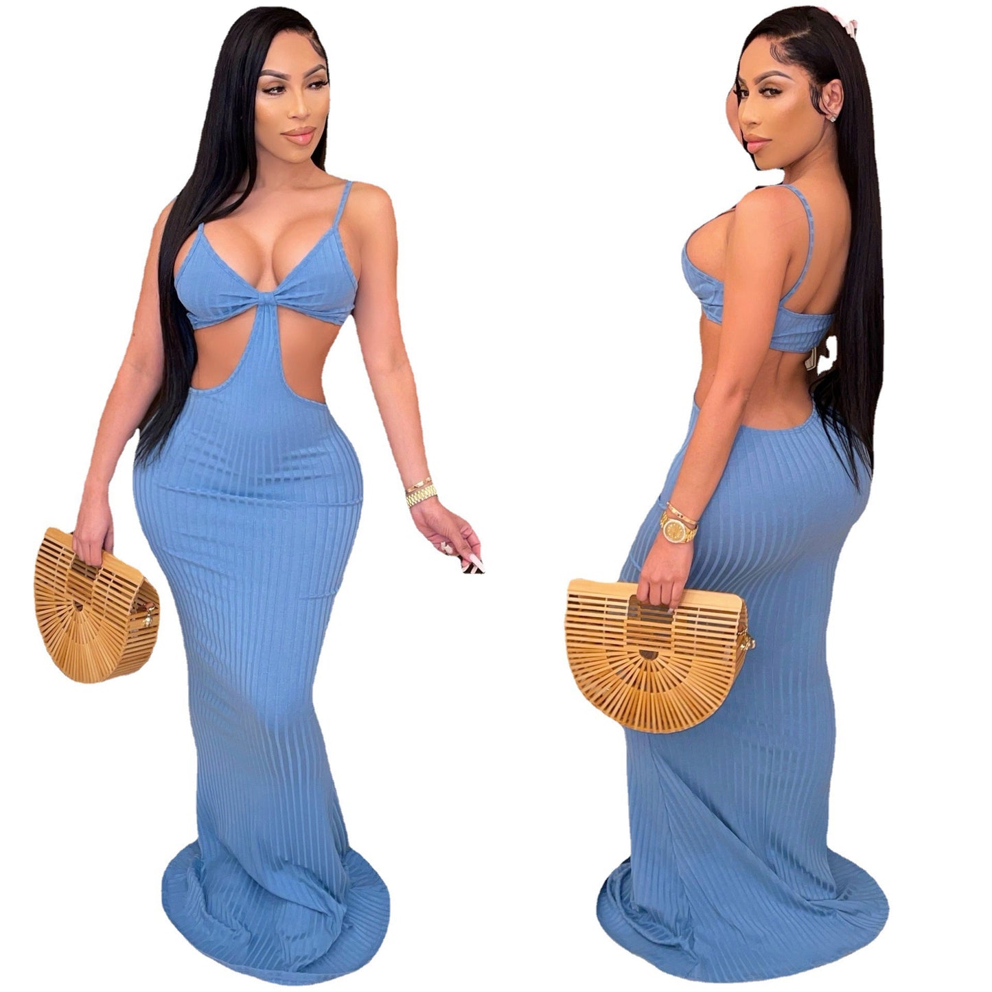 Summer Club Wear Hollow Out Rib Knit Dress Long Elegant Dress