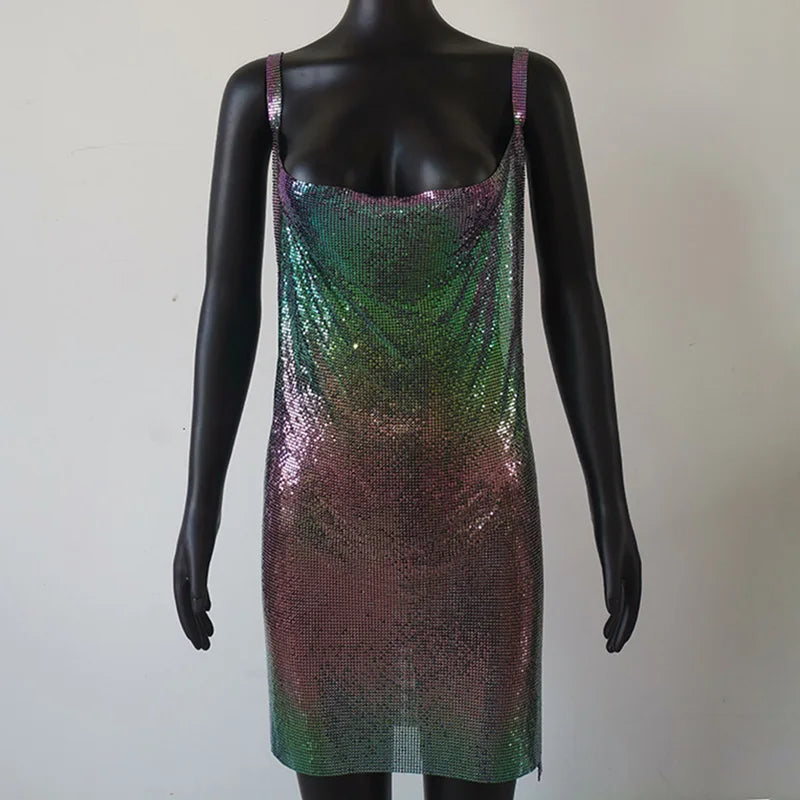 Backless Colorful Metal Dress Women Party Mini Sexy Rhinestone Sexy Club Dress