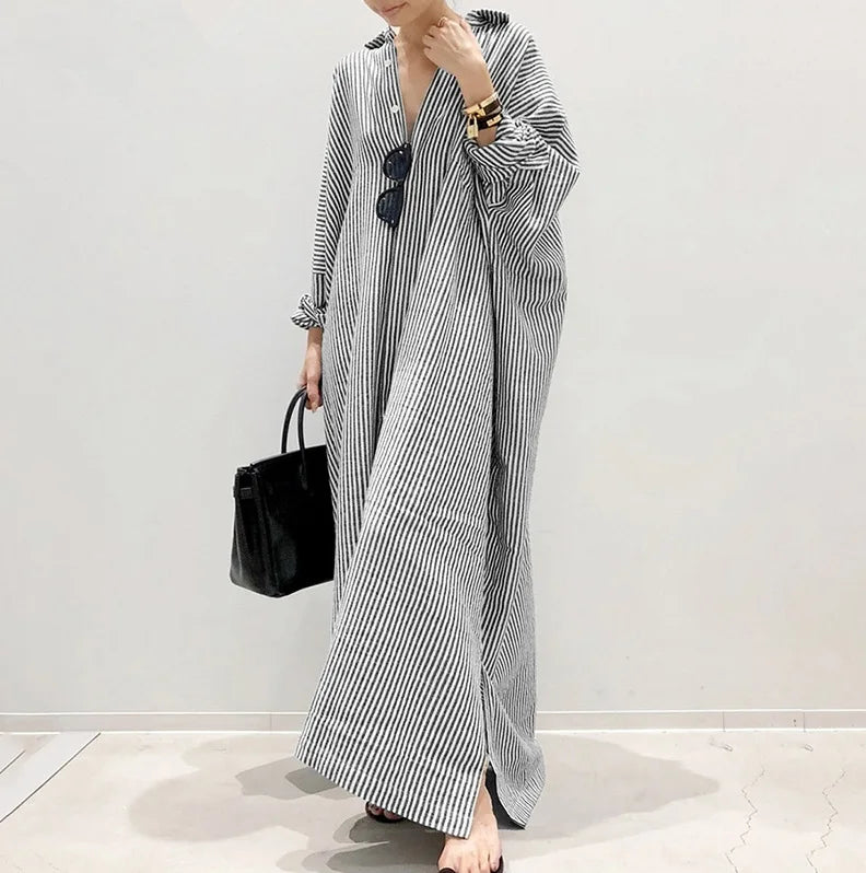 Cotton Linen Dress  Loose Striped Summer Shirt Dress Plus Size