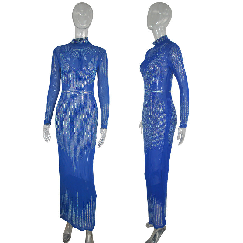 New Dazzling Sexy Prom Dresses Party Maxi Dress Mesh Beading Rhinestone Dress