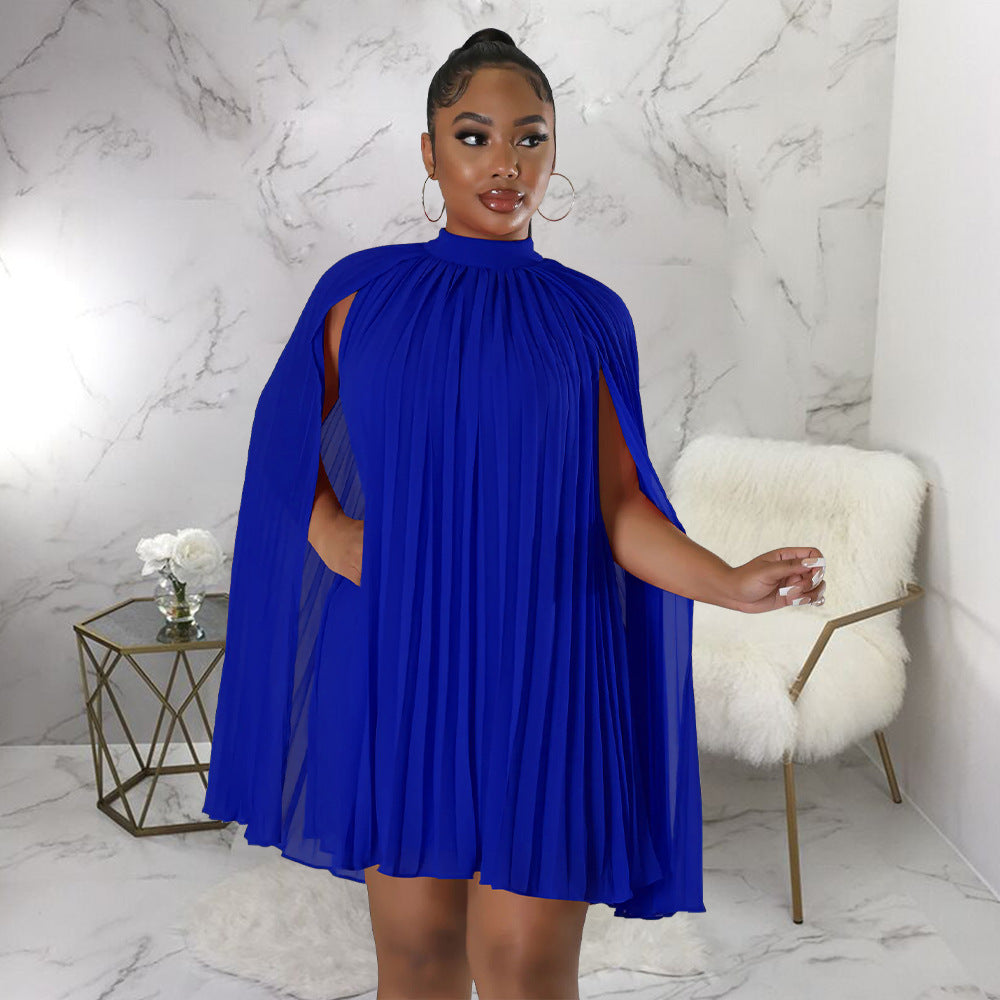 Solid Color Bat Sleeve Elegant Pleated Party Dress