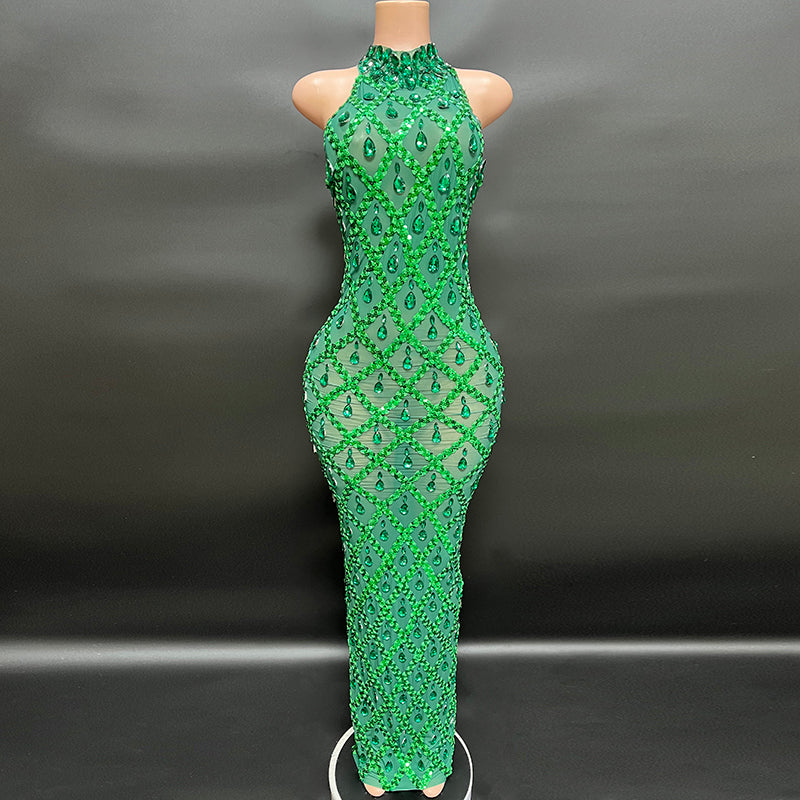 Sparkling Black Diamond Sequin Mesh Backless  Dress
