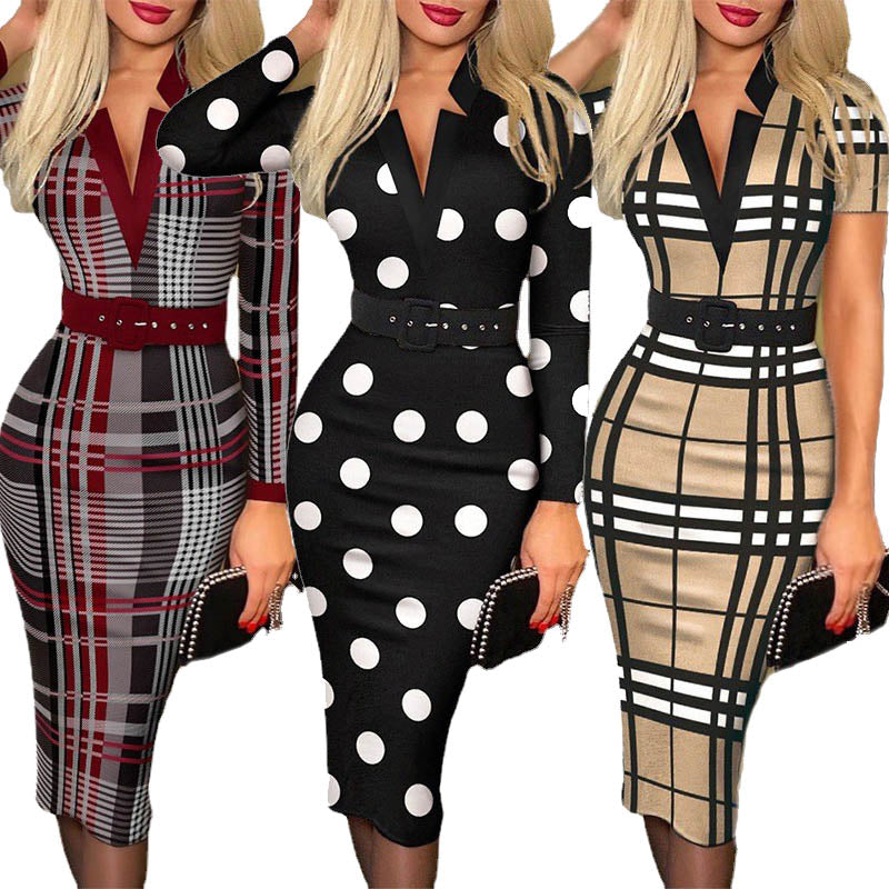 Custom Summer Fall Women V- Neck Pleated Lady Dress With Belt