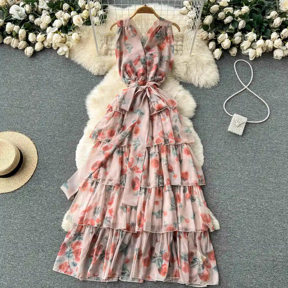 Seaside Vacation Dress Women Summer New Sexy Backless Slim Long Ruffle Dresses