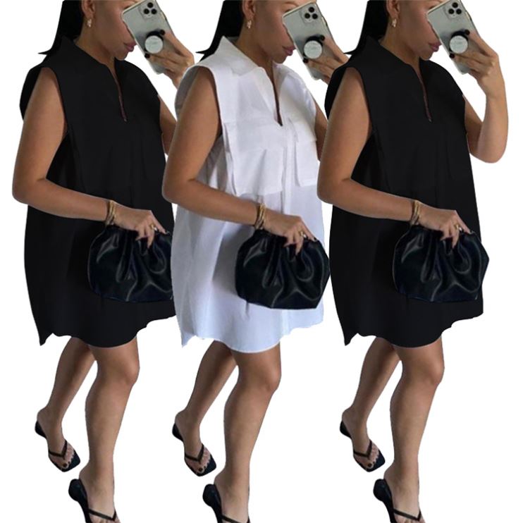 Summer New Sleeveless Pocket Shirt Dress Women Elegant Casual Dress