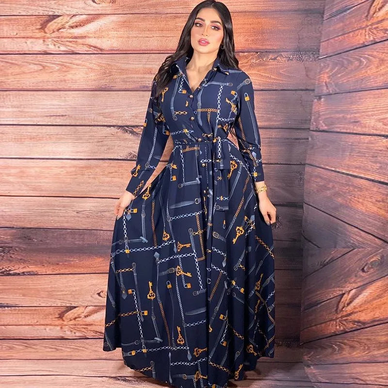 Middle East Multicolor Chain Printed Muslim Shirt Dress Elegant Casual Dress