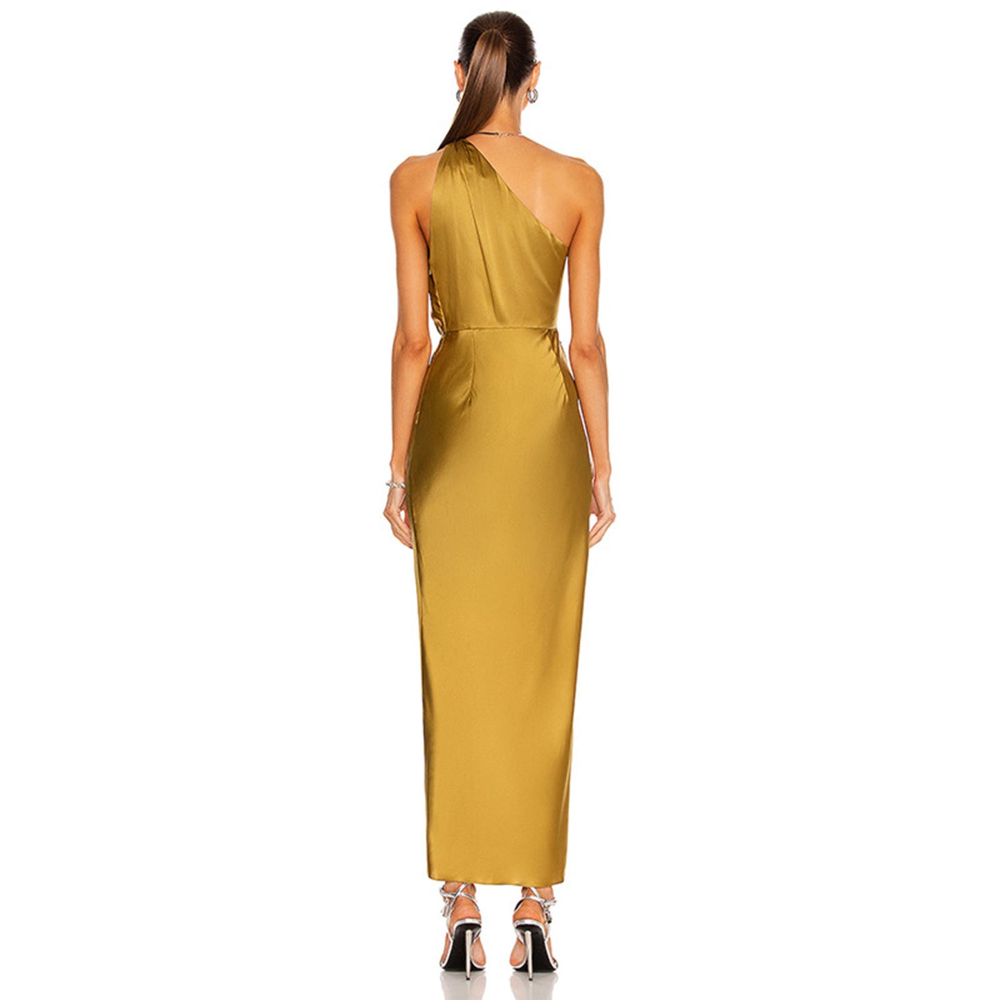 One Shoulder Silk Gold Dress Lady Long Formal Party Elegant Classic Dress