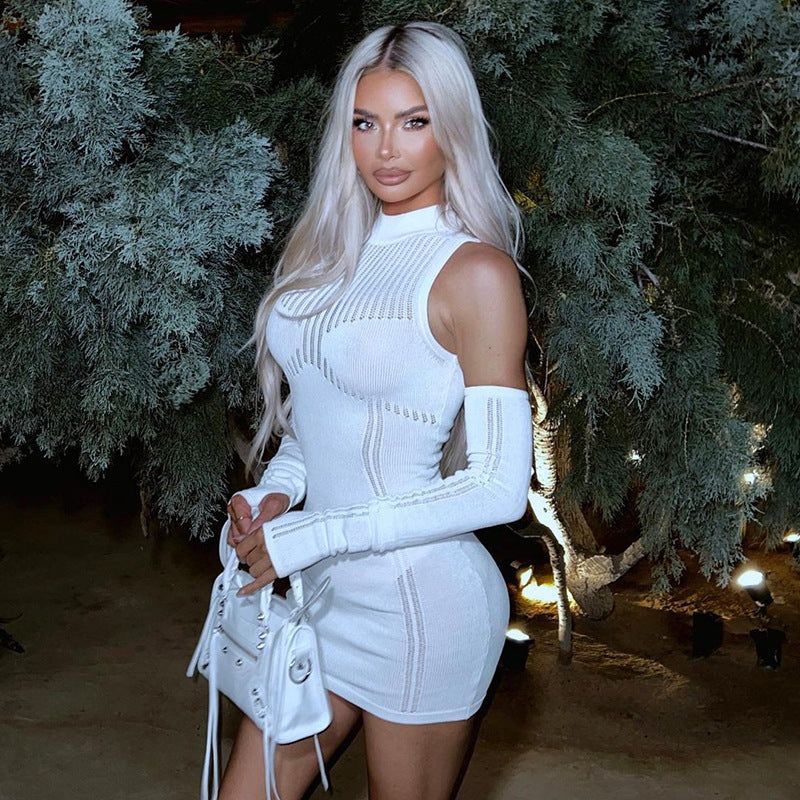 Women Sweater Dresses Turtleneck Long Sleeve Bodycon See Through Mini Dress
