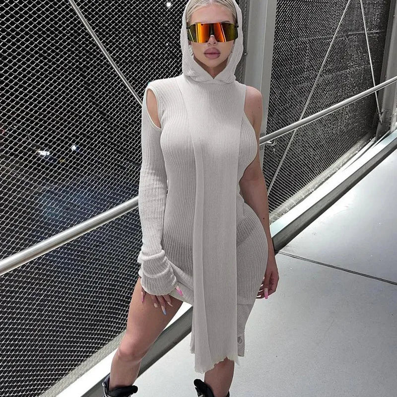 Long Sleeve Dress One Shoulder Casual Hooded Dresses Women