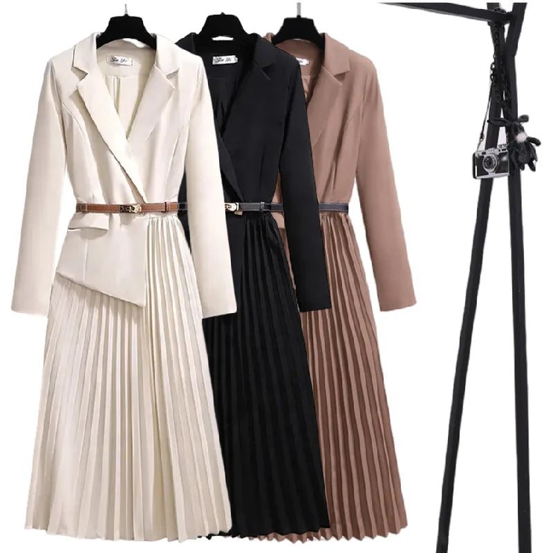 Elegant Blazer Dress V-Neck Slim Design Pleated Dress Ladies Office Dress
