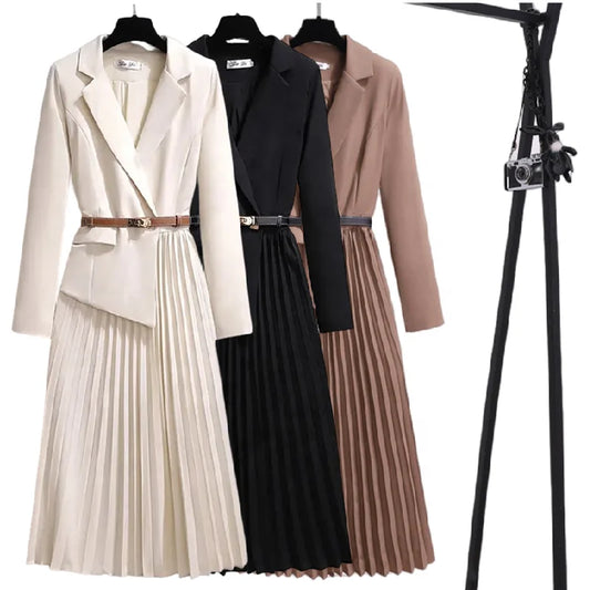 Elegant Blazer Dress V-Neck Slim Design Pleated Dress Ladies Office Dress