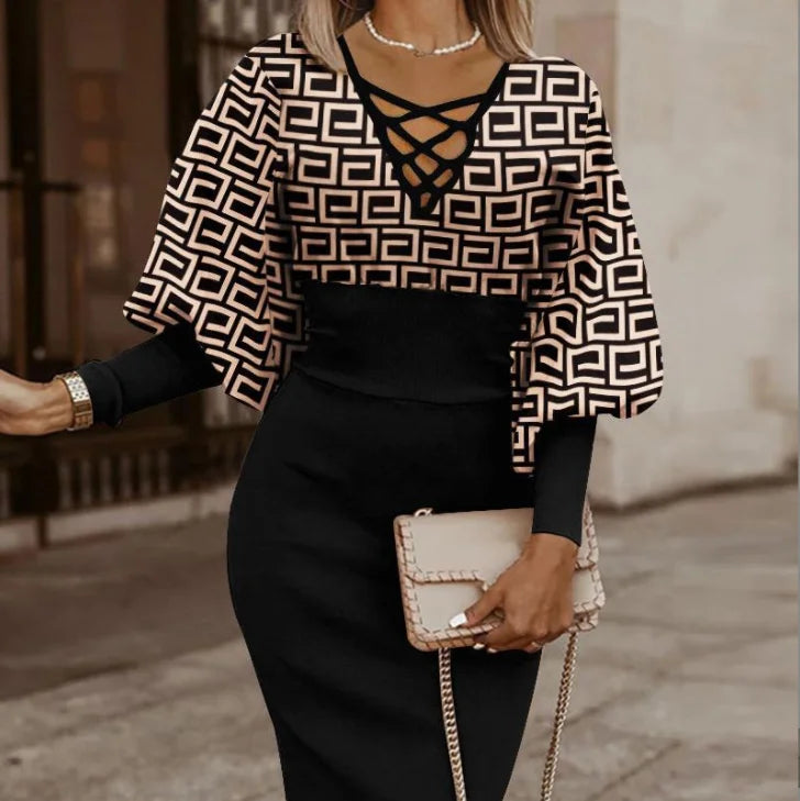 Sexy V-Neck Long Sleeve Pencil Dress Elegant Temperament Slim Dress