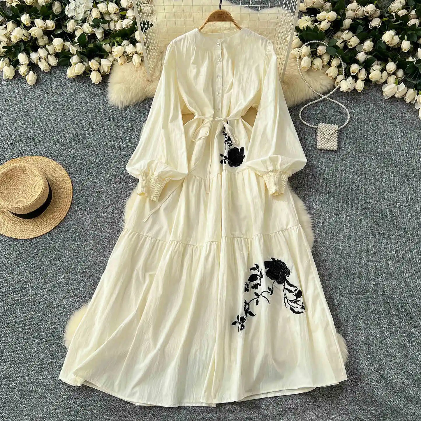 French Vintage Dress Women Flower Embroidery Long Classy Lady Elegant Dress