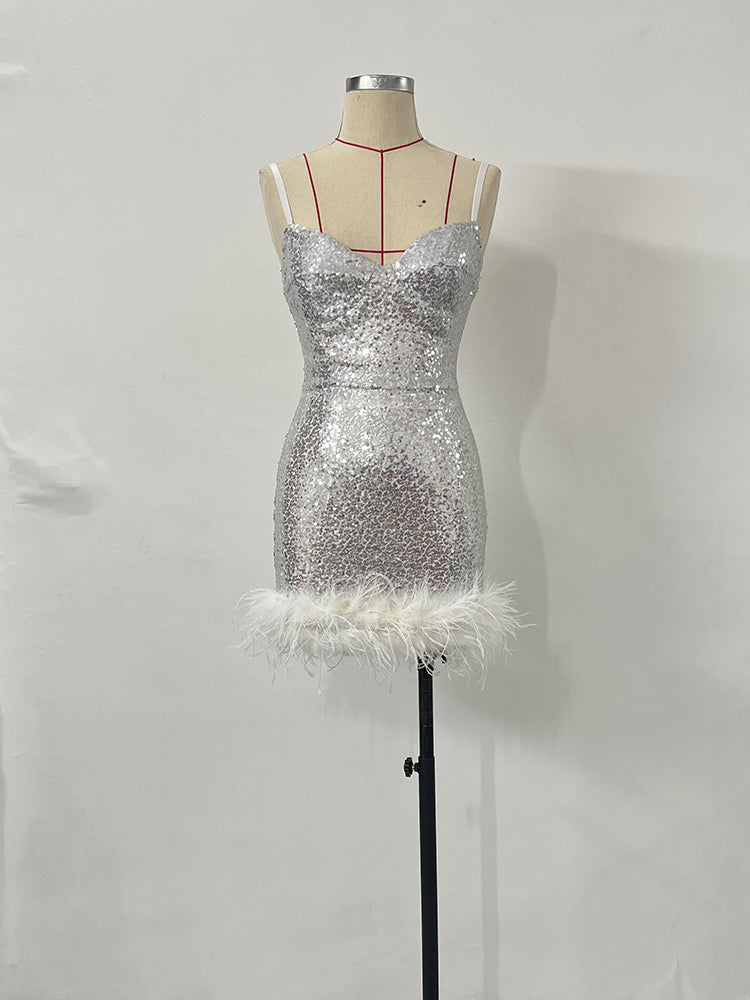 Elegant Sexy Short Dinner Dress Women Feather Dress