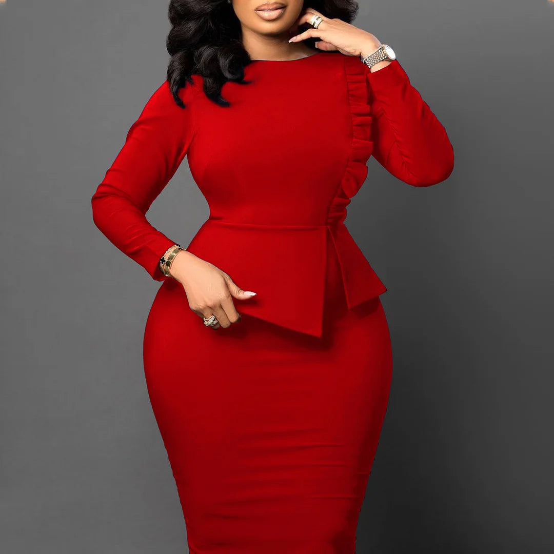 Plus Size Long Sleeve Ladies Office Elegant African Women Fashion Casual Dress
