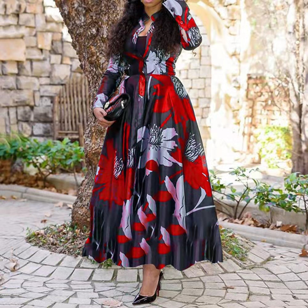 Floral Long Dresses for Woman Lady Elegant Long Sleeve  Casual Dress