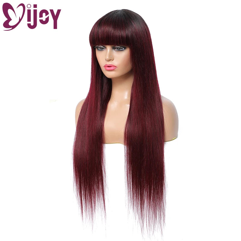 Straight Human Hair Wigs With Bangs/Burgundy Brazilian Remy
