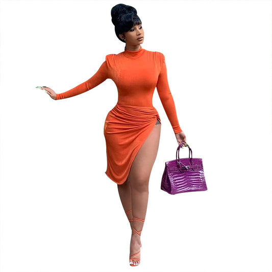 O Neck Long Sleeve Dress Elegant Women Split Dress