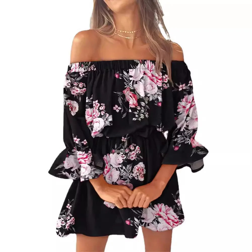 Sexy Off Shoulder Floral Print Flare Sleeve Tunic Dress