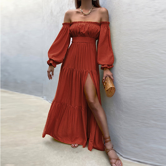 Women Summer Elegant Silk Vintage Solid Color Long Sleeve Maxi Dress