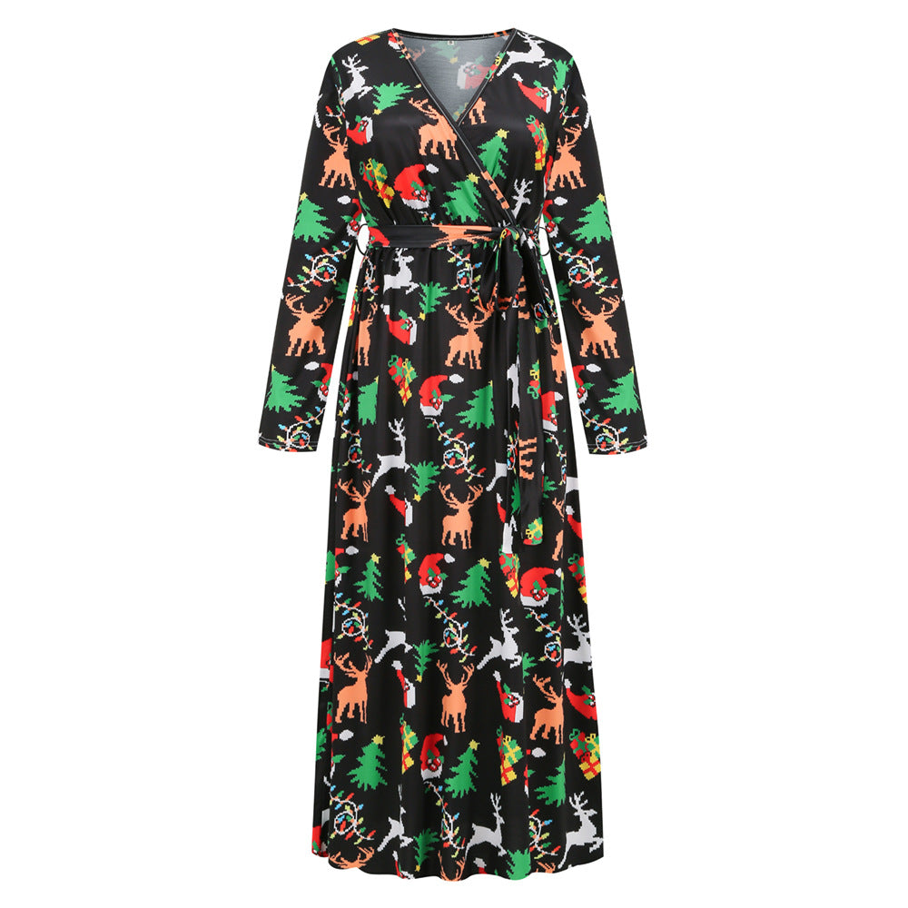 Christmas Print Party Dresses Cute Holiday v Neck Women Fall Elegant Dress